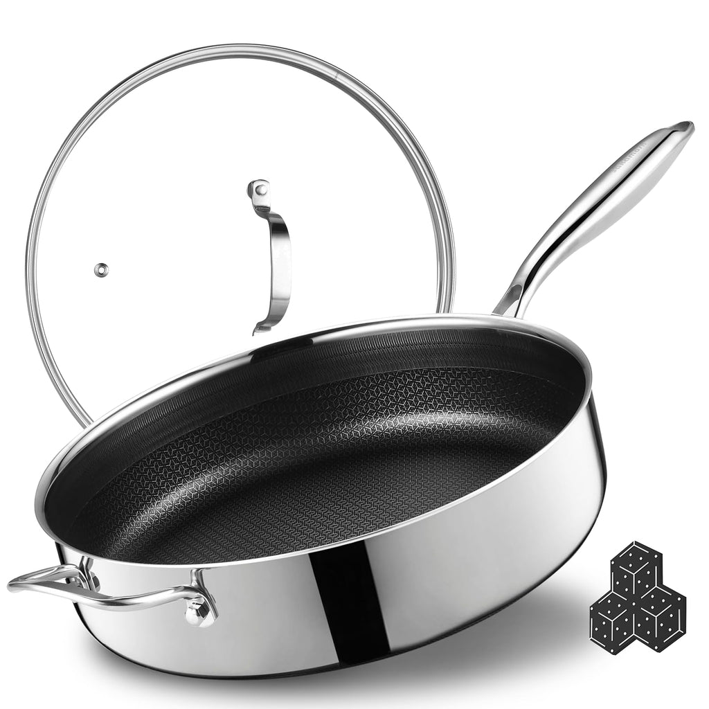 SAKAMOSH 5.6 Qt Hybrid Nonstick Deep Sauté Pan & Lid, 12" Stainless Steel