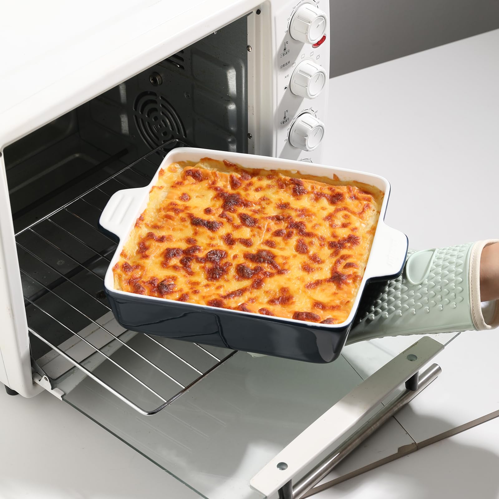 Sweejar Ceramic Baking Dish, 9 x 9 Cake Baking Pan for Brownie, Porcelain Square Bakeware with Double Handle for Casserole, Lasagna, Family Dinner (Navy)