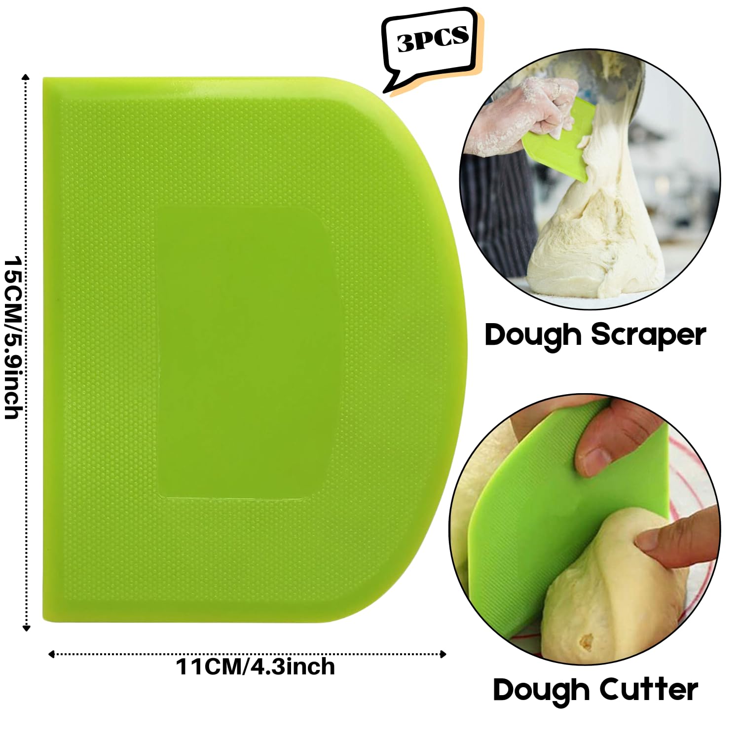 SURDOCA Dough Scraper Bench Scraper - 3P 5.9x4.3" Plastic Flexible Bowl Scraper, Sharp Edge & Angles Cake Scraper. Non-Slip Bakeware Decorating Tools Sculpting & Modeling Tools - Pure Yellow
