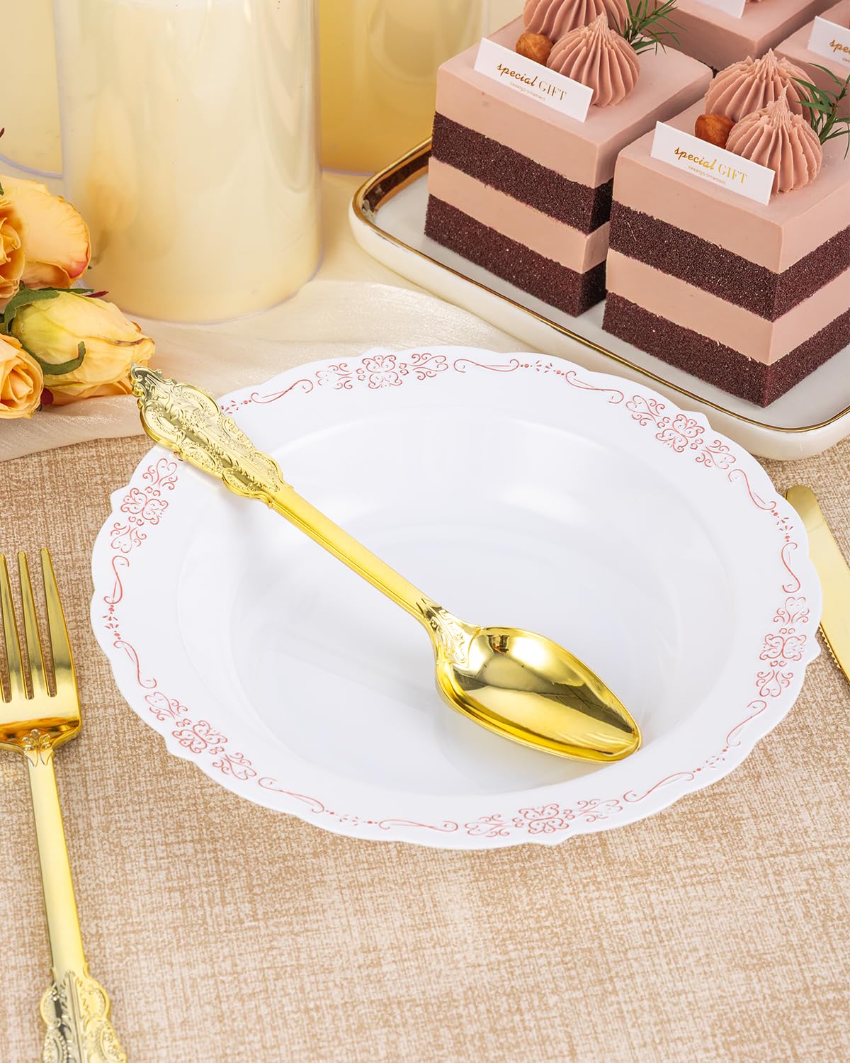 Bestluck 100 Pack White Plastic Bowls with Rose Gold Rim