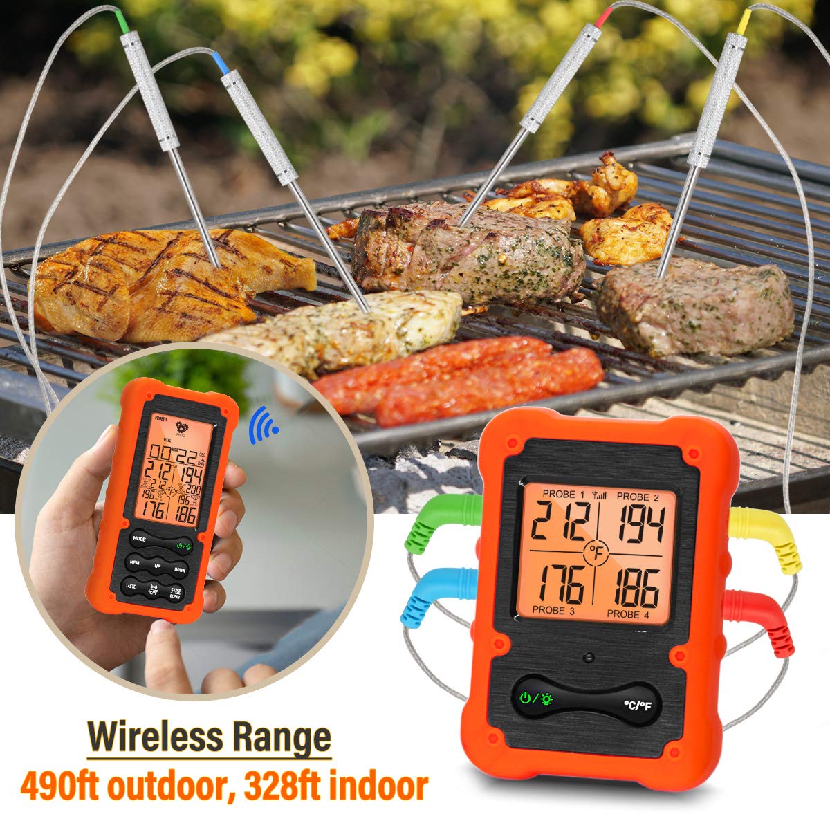 Grill Smoker BBQ Cooking Food Thermometer Oven Safe - Digital Wireless Meat Thermometer for Grilling Smoking with 4 Probes - Kitchen Baking Steak Turkey Candy Thermometers, not for Medical Purposes