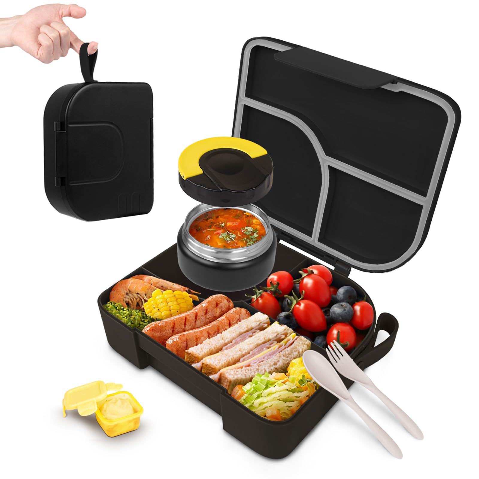 Lunch Box with Thermo Jar, Large-Capacity 3-Compartment Bento Box, Black