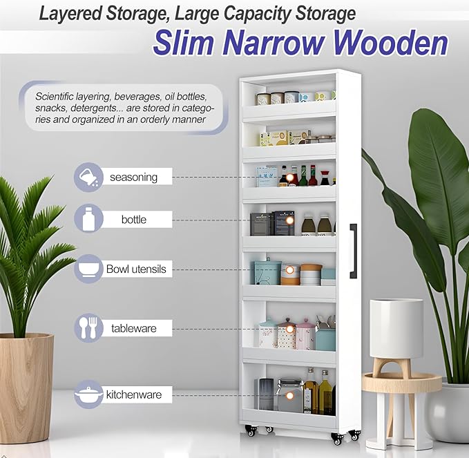 7-Tier Slim Storage Cart, Wooden Rolling Pantry Cabinet with Wheels, Narrow Shelf Organizer for Kitchen, Bakers Rack, Dining Room, Closet, Small Spaces Dark Walnut 73.2''H*5.9''W*23.6''D