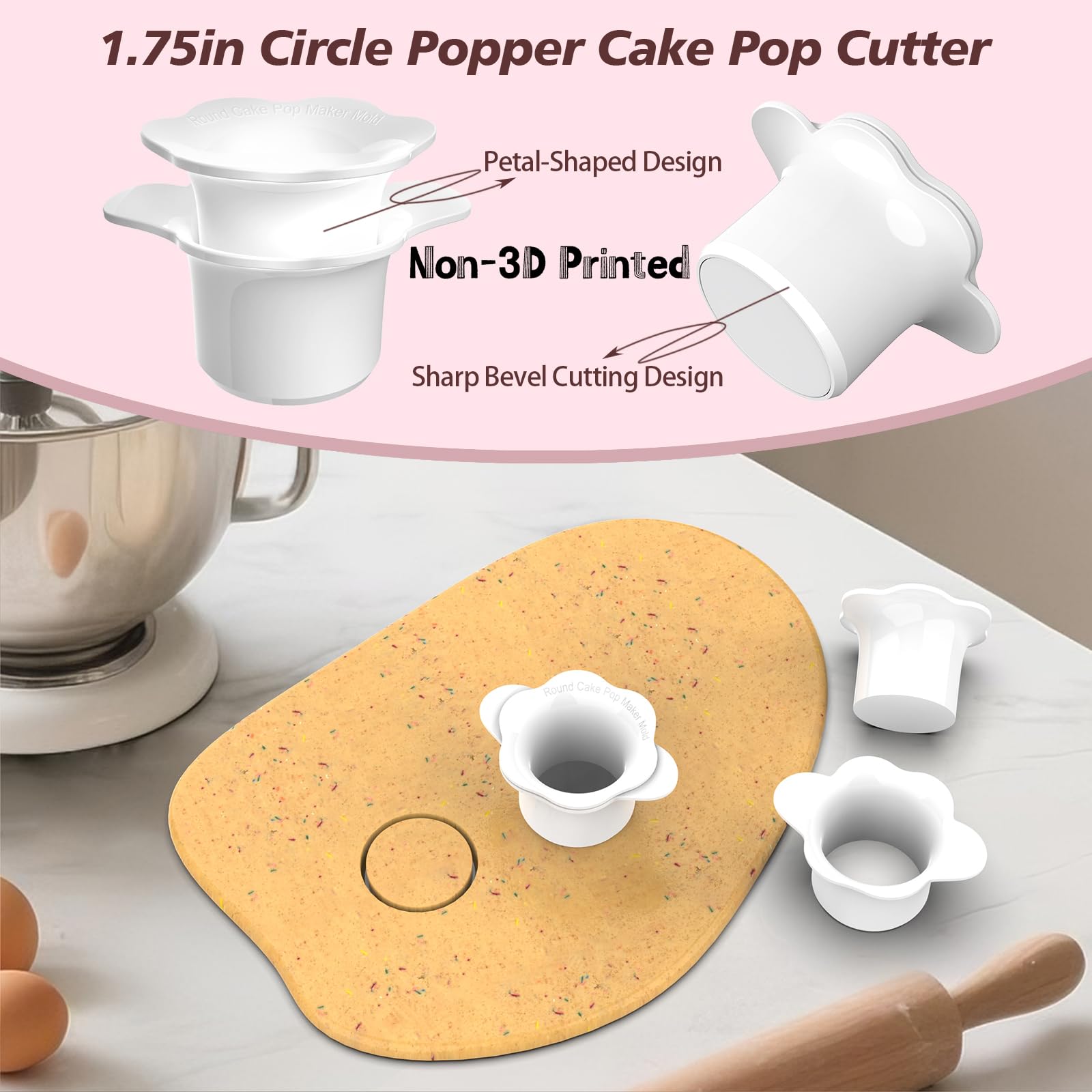 Cake Pop Cutter and Pusher with Tray - Circle Cake Pop Mold Set | Non-3D Printed | 1.75" Size | High-Capacity Dual-Cavity Cake Pop Tray | Smooth & Easy-Clean Surface