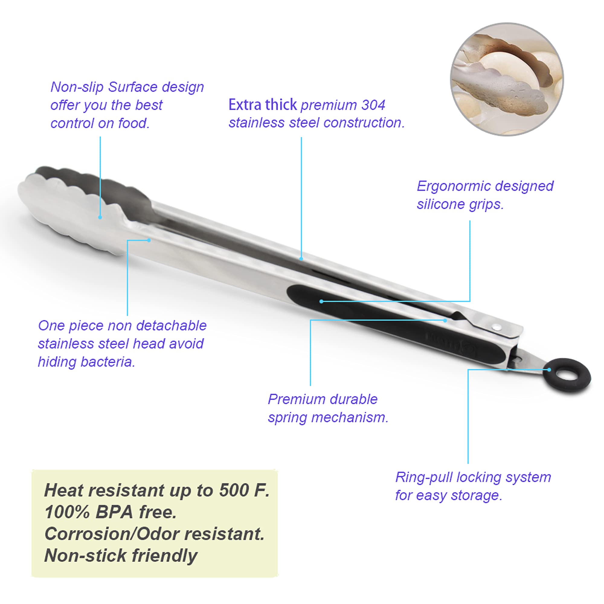 304 Stainless Steel Locking Kitchen Tongs, 9 & 12 Inch, 4-Piece, Black