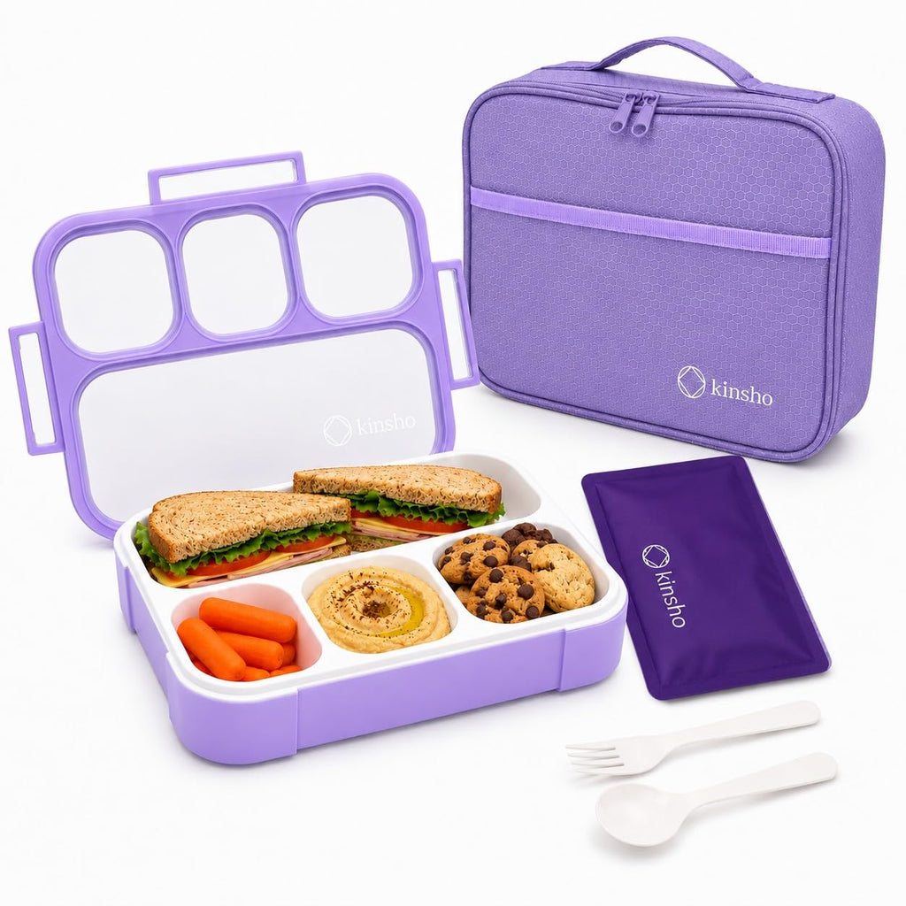 kinsho Bento Lunch Box, Ice Pack Insulated Bag & Utensils for Kids, Purple