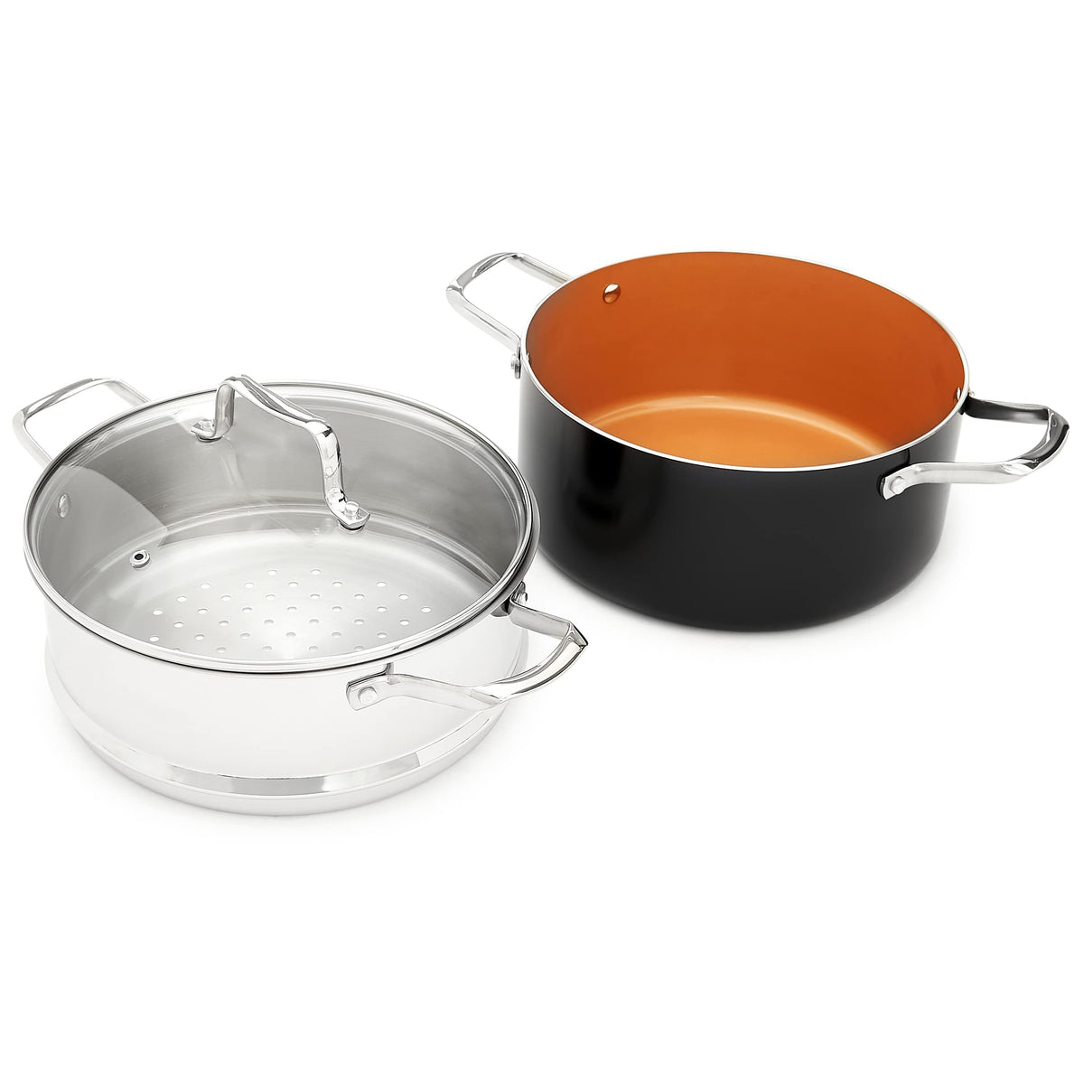 Amazon Basics Ceramic Nonstick Cookware Set, Induction Ready, Dishwasher & Oven Safe, Even Heating, 10-Piece Set with Frying Pans, Saucepans, Glass Lids, Copper Color