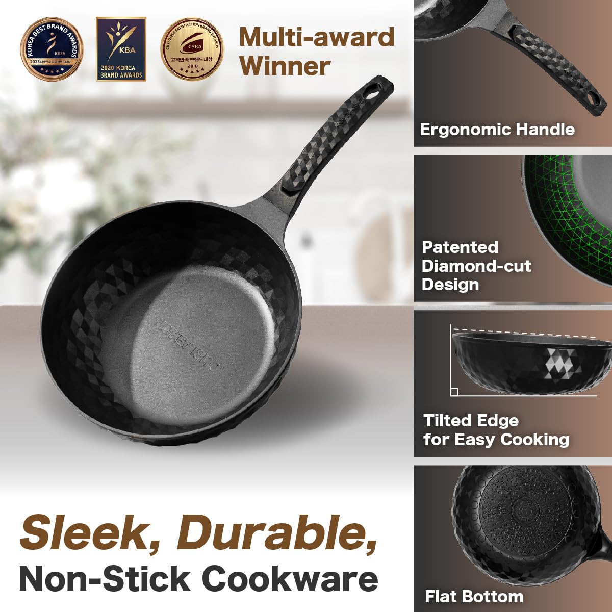 Diamond X Premium Non Stick Wok Pan with Lid - 11" Large Flat Bottom Chinese Wok - Woks & Stir-fry Pans Nonstick - Titanium-Coated 8-Layered Korean Engineered Skillet for Frying, Oil-Free, PFOA-Free
