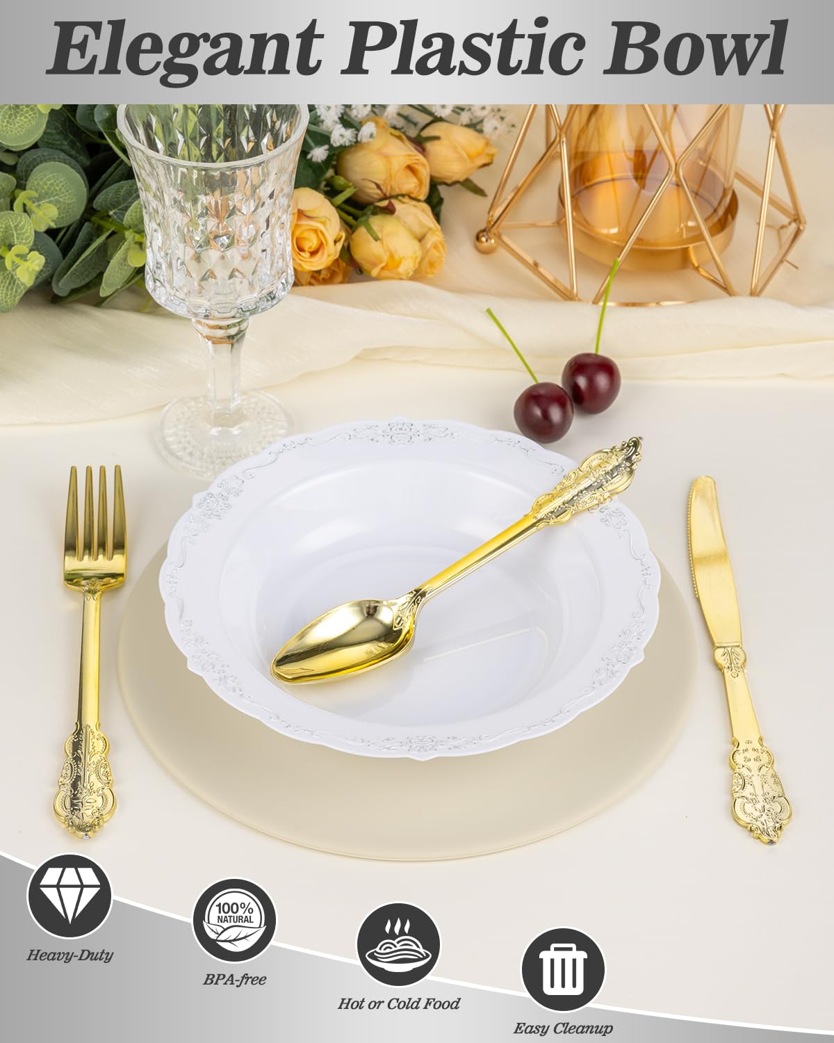 Bestluck 50 Pack White Plastic Bowls with Silver Rim