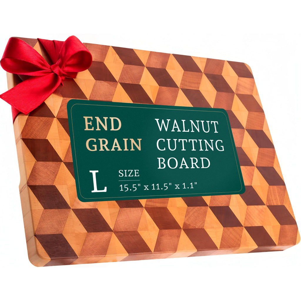 End Grain Wooden Cutting Board for Kitchen 15.5"x 11.5" - Walnut Hardwood Chopping Block with Non Slip Grips - Ideal for Charcuterie & Meat Butcher - Handmade 3D Design Wood (1.1'' Thick, Large)