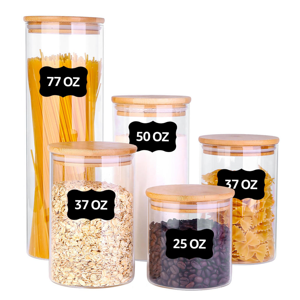 PUSCRIENO Glass Food Storage Jars, Food Containers with Airtight Bamboo Lids for Pasta, Cookies, Nuts, Coffee Beans, Cereal, Glass Canisters for Kitchen, Pantry Organization,Set of 5