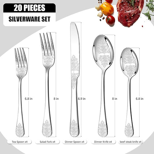 20 Pcs Silverware Set for 4, Food Grade Stainless Steel Flatware Set, Eating Utensils Sets Include Fork/Knife/Spoon, Reusable Cutlery Set for Home Kitchen, Dishwasher Safe, Embossed pattern-2