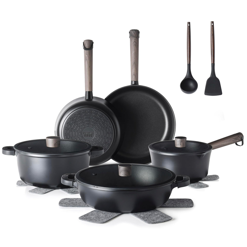 SENSARTE 15Pcs Nonstick Cookware Set Pots and Pans Set Kitchen Cooking Frying Pans with Stay-cool Handle, Dishwasher Safe, Induction Compatible, PFOA/PFOS Free, Black