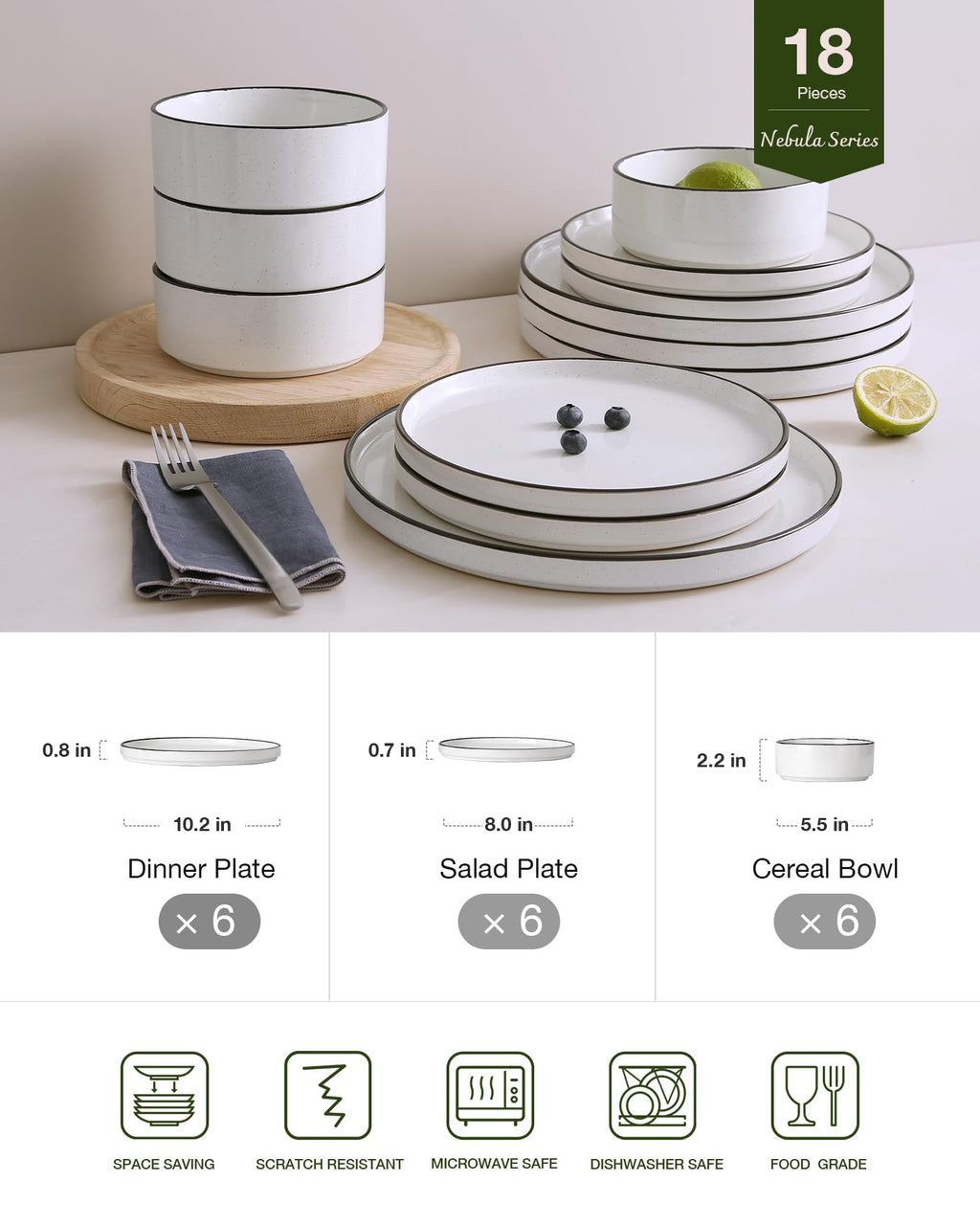 Famiware Nebula 18-Piece Dinnerware Set, White with Black Rim