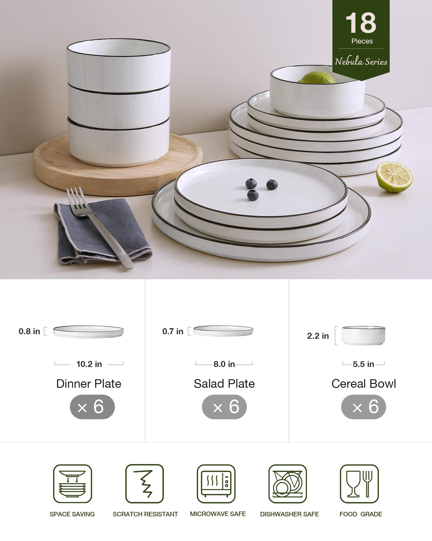 Famiware Nebula 18-Piece Dinnerware Set, White with Black Rim