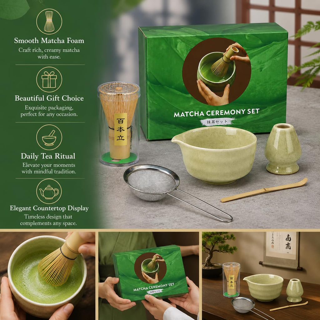 Rzoklot Matcha Tea Set – Japanese Matcha Bowl with Spout, Bamboo Whisk, Scoop, Holder & Strainer – Complete Ceremonial Matcha Kit for Beginners & Gift-Giving, Green