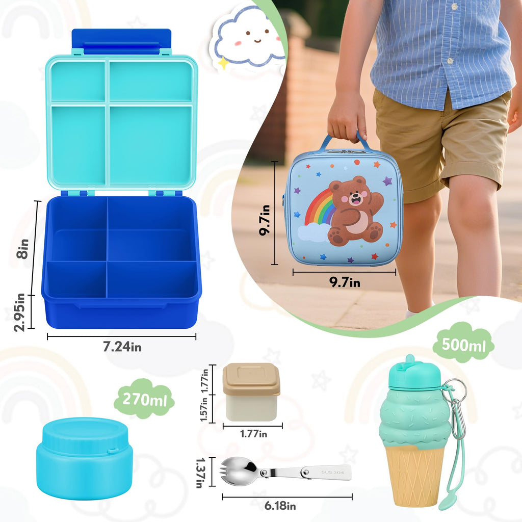 HAWEEK Lunch Box Kids with 5 Compartments, Insulated Food Jar & Utensil & Sauce Container & Lunch Bag & Silicone Collapsible Cup, Leak Proof Bento Box, BPA-Free & Dishwasher Safe-Blue