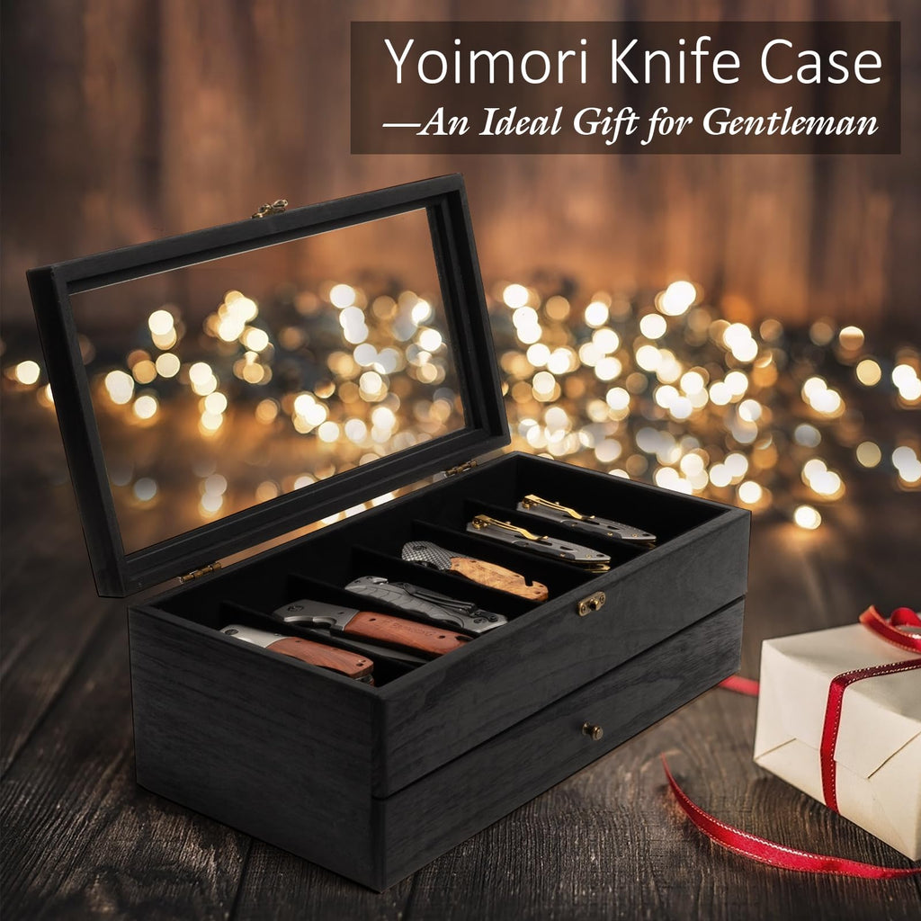 Yoimori 2-Layer Pocket Knife Case Display & Storage, Solid Wood Knife Case for Collections, Gift for Boyfriend, Fathers Day, Birthday Gifts (Black)