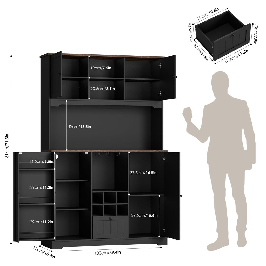 FINETONES 71" Kitchen Pantry Cabinet with LED Light and Charging Station