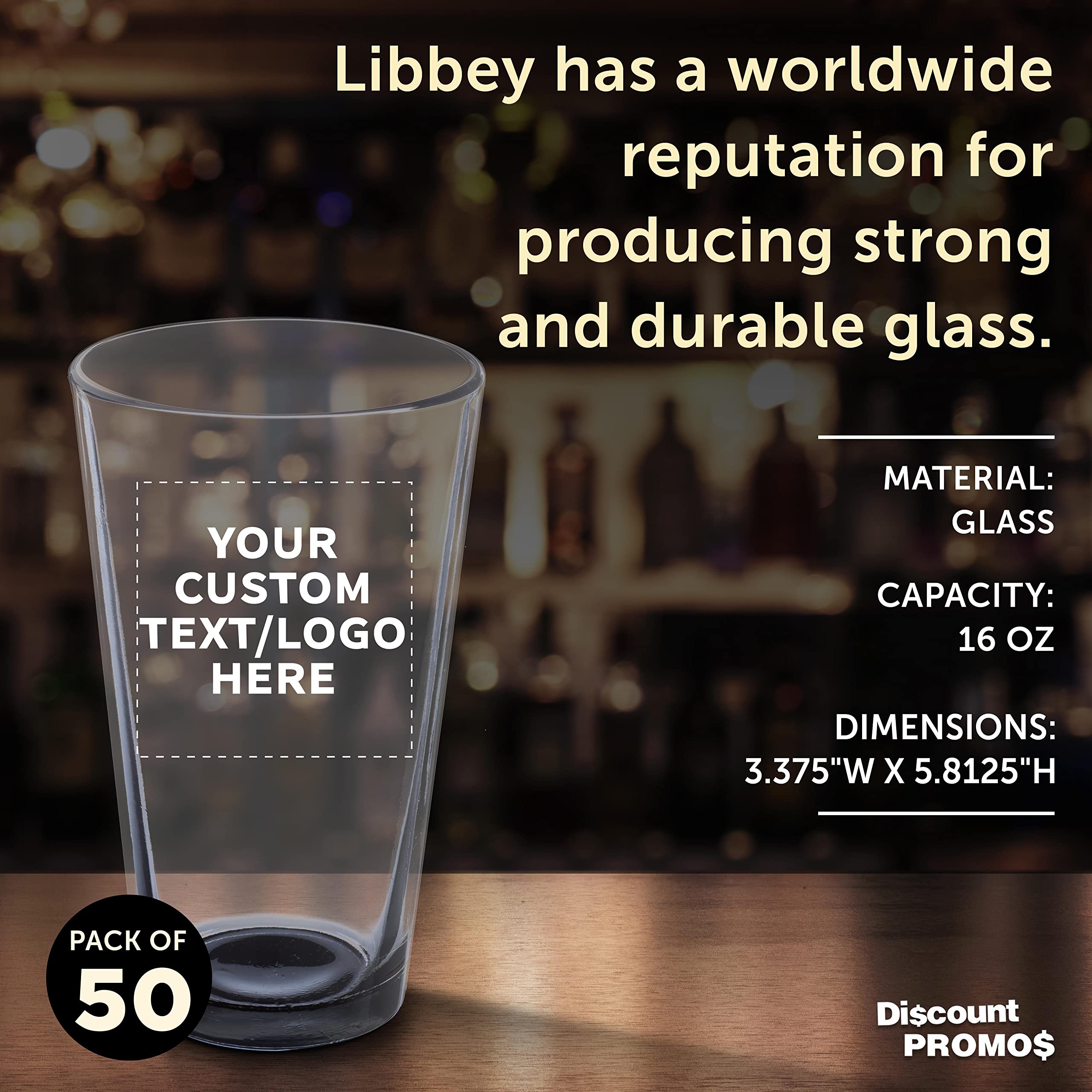Custom Libbey Pint Glass 16 oz. Set of 50, Personalized Bulk Pack - Beer Glasses, Heavy Duty Drinkware - Black