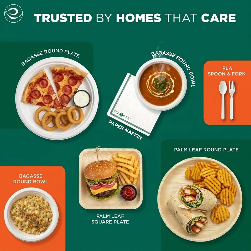 ECO SOUL 10 Inch Disposable Bagasse Paper Plates (200 Pack, Square)