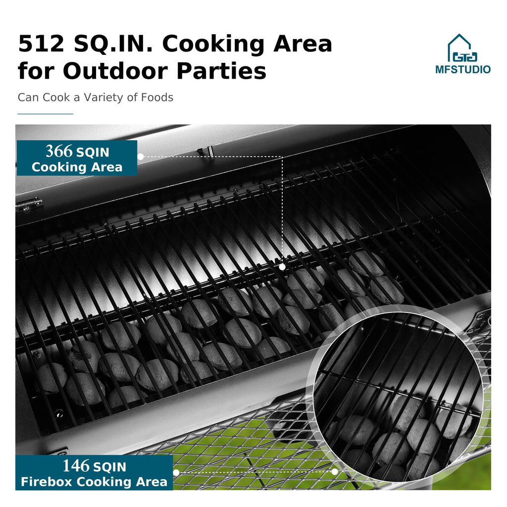 MFSTUDIO Barrel Charcoal Grill w/Offset Smoker w/ 512 SQ.IN. Cooking Area