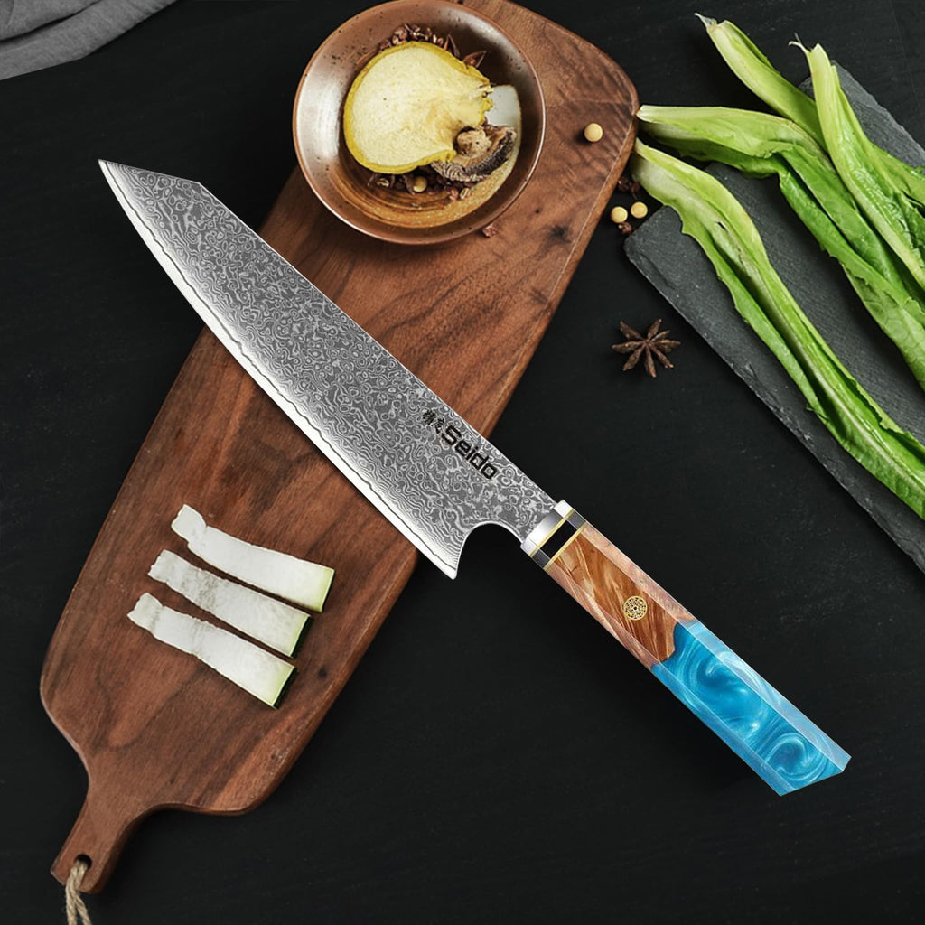 Seido Knives 8.5 Inch Kiritsuke Damascus Chef Knife, VG10, Blue Resin