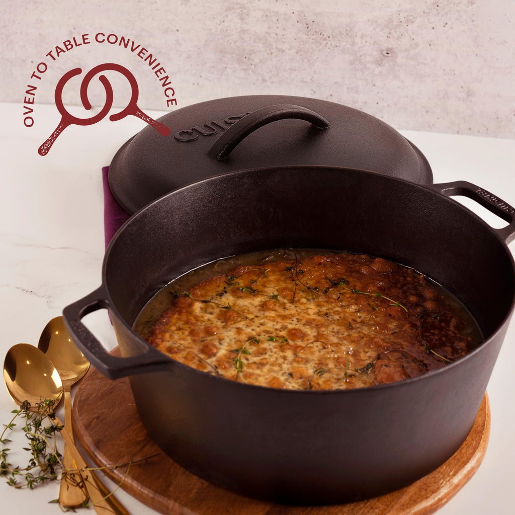 Cuisinel Cast Iron Dutch Oven - 7-Quart Deep Pot + Lid + Pan Scraper + Handle Covers - Large Pre-Seasoned Cooker for Baking Bread, Soup, Frying - Indoor/Outdoor Kitchen, Camping, Fire, BBQ Safe