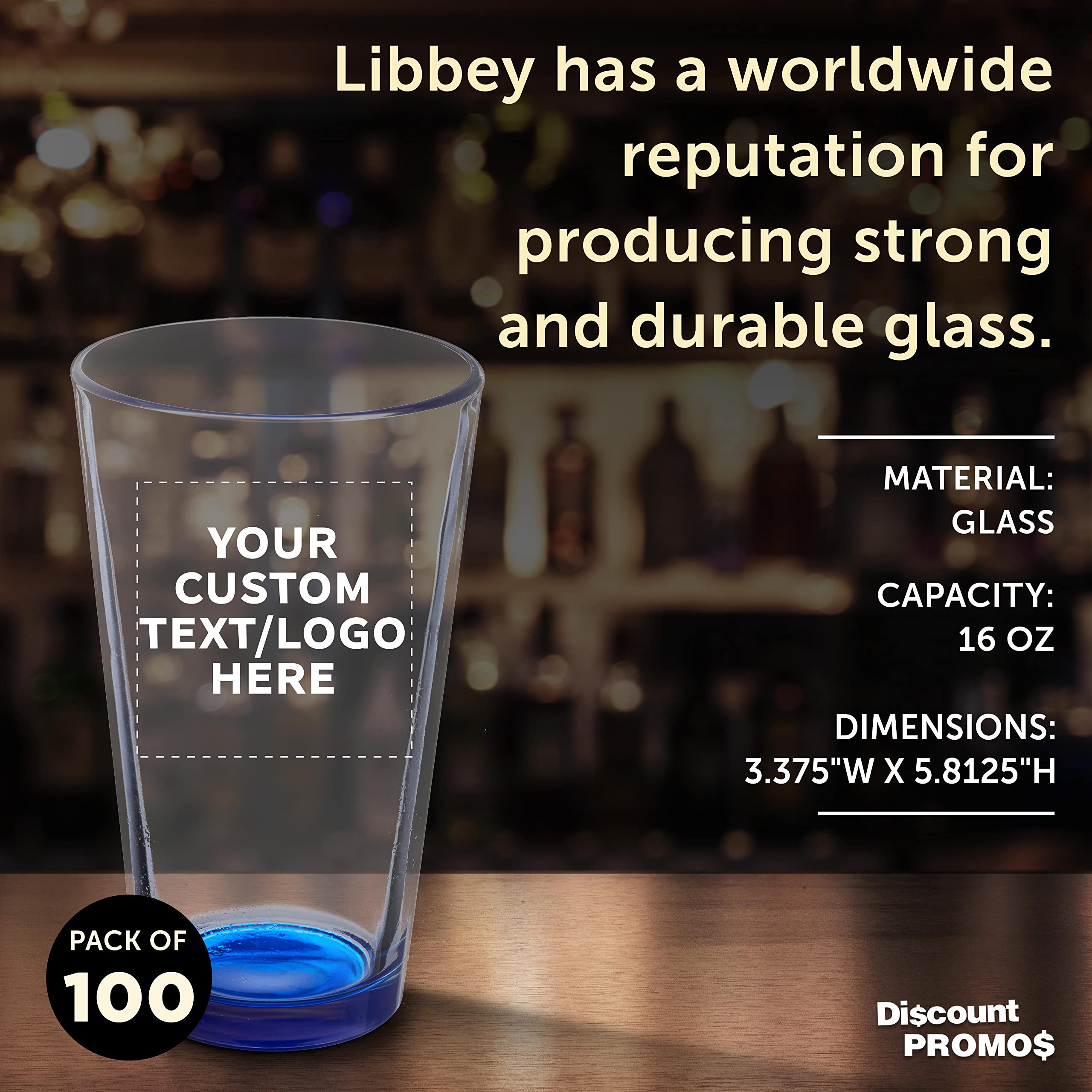 Custom Pint Glass 16 oz. Set of 100, Personalized Bulk Pack - Beer Glasses, Heavy Duty Drinkware - Blue