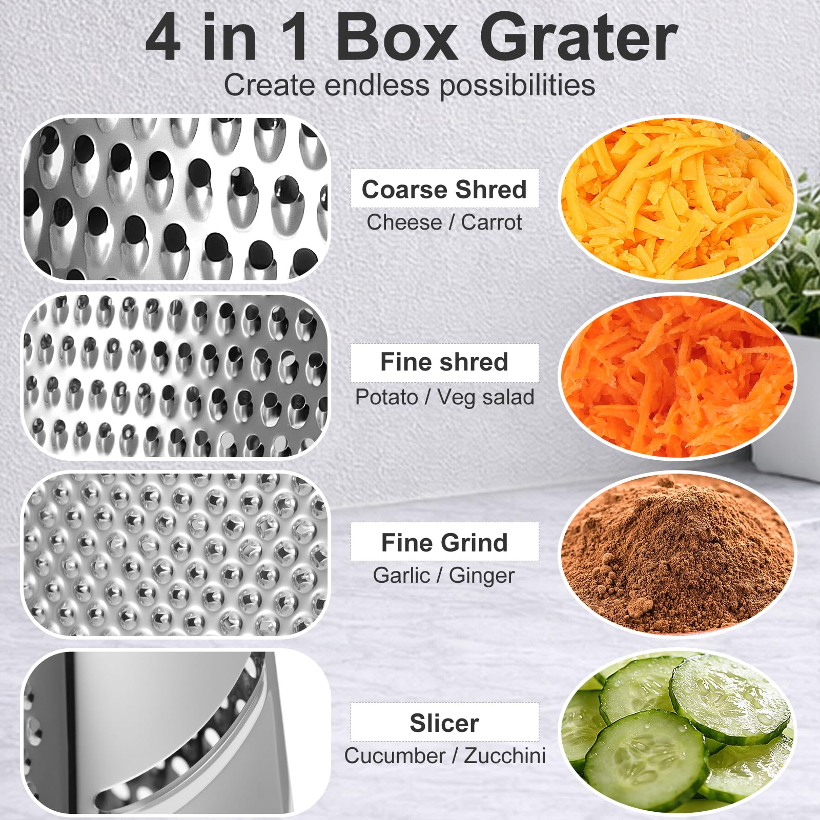 Ourokhome Cheese Grater with Handle, Stainless Steel Box Grater, 4 Side Kitchen Vegetable Shredder Slicer Zester with Container for Parmesan, Cabbage, Ginger, Lemon, Chocolate, Coconut (Red)