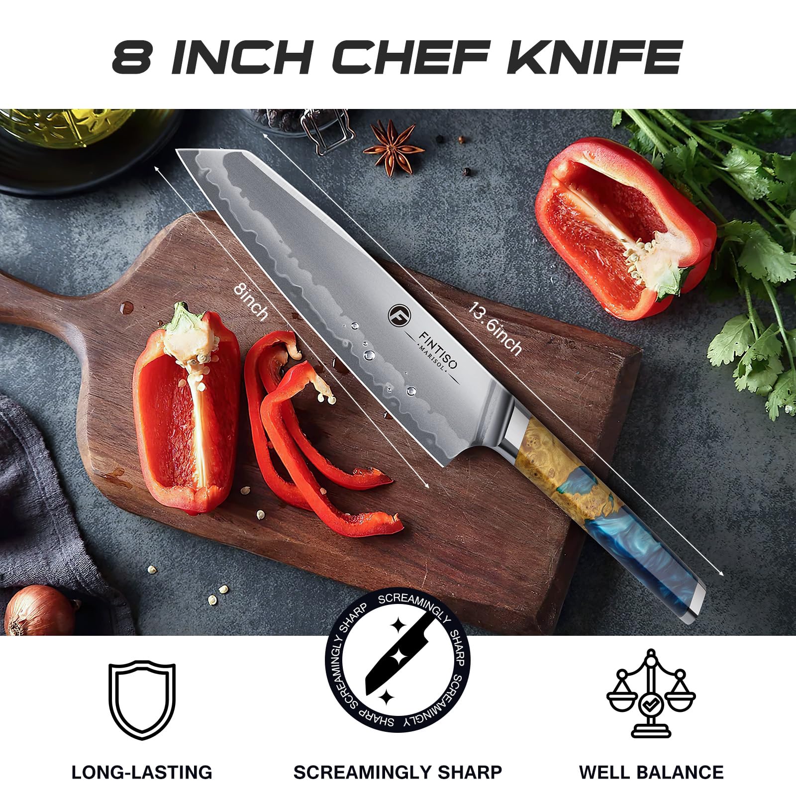 FINTISO 8" Chef Knife, S35VN Powder Steel Core Japanese Kitchen Knife