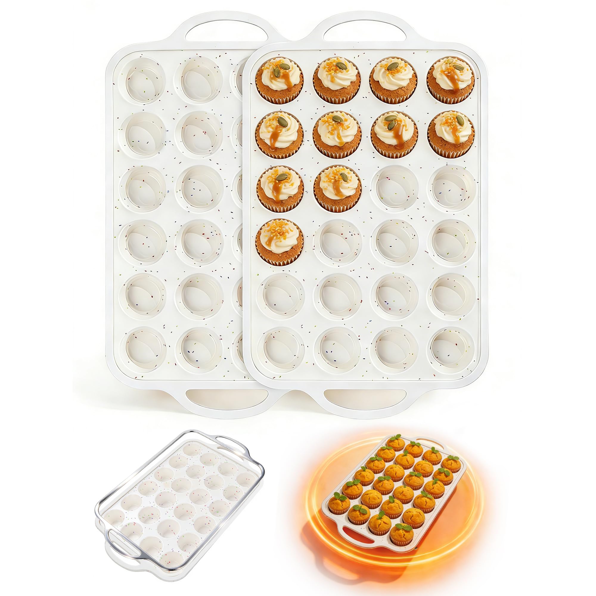 Fimary Silicone Muffin Pans With Metal Reinforced Frame - 24 Cups Durable Silicone Baking Pan for Muffins, Cupcakes, BPA Free and Dishwasher Safe - Beige with Rainbow Spots, Set of 2