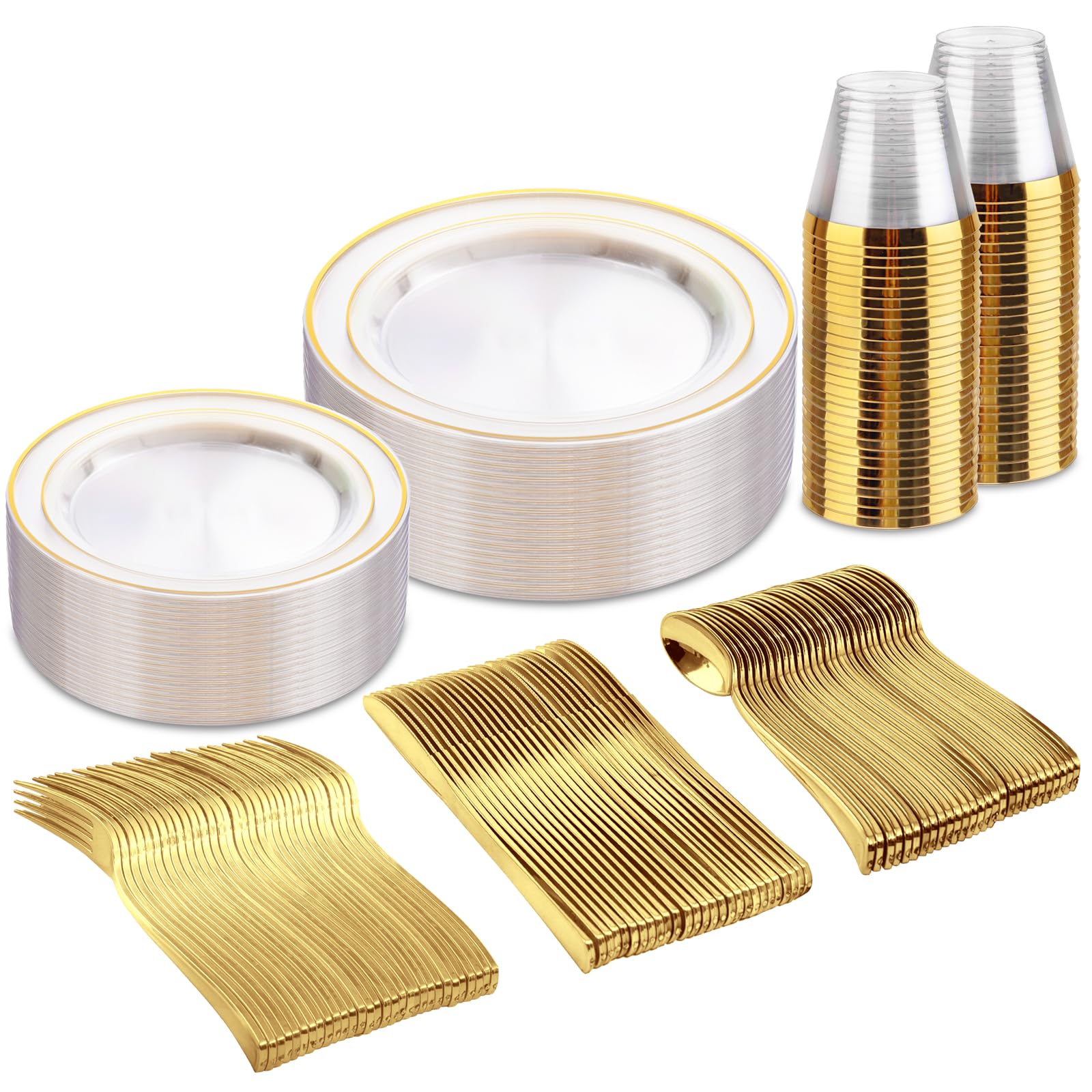 bUCLA 150Pcs Clear Gold Plastic Dinnerware Set - Clear and Gold Disposable Plates Include 25 Dinner / 25 Dessert Plates,25 Knives,25 Forks,25 Spoons,25 Cups for Party