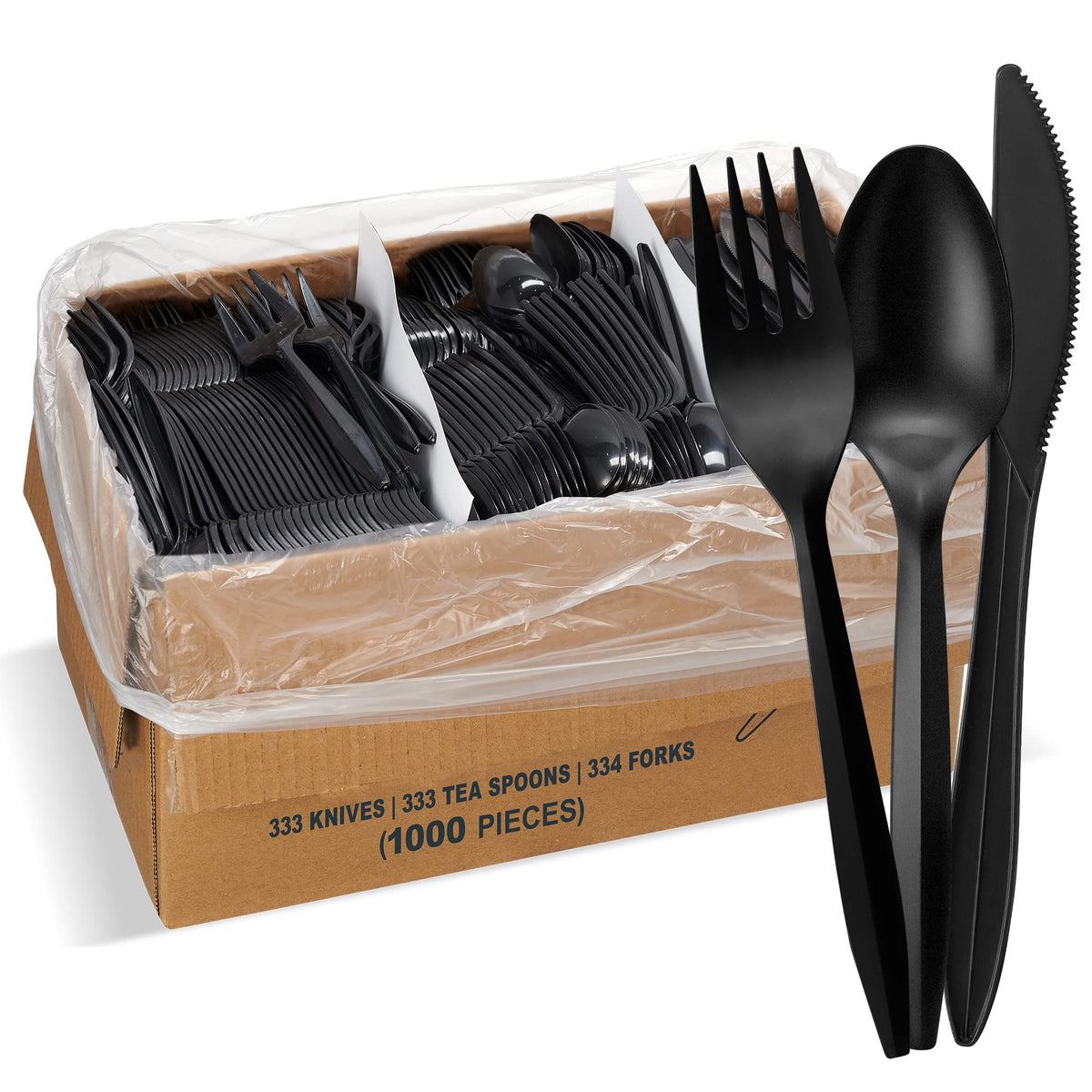 1,000 Plastic Disposable Cutlery Bulk Variety Pack Black Medium Weight