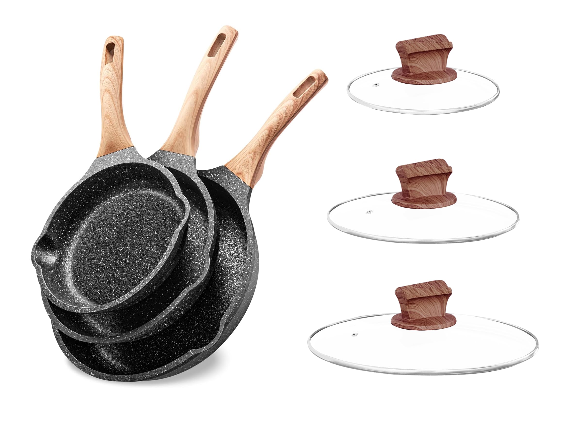 YIIFEEO Non Stick Frying Pan Set with Lids, Granite Skillet Set, Egg Omelette Pans for Cooking Pan Set, No Toxic Kitchen Cookware Set Compatible with All Stovetops (Gas & Induction), PFOA Free, Gift