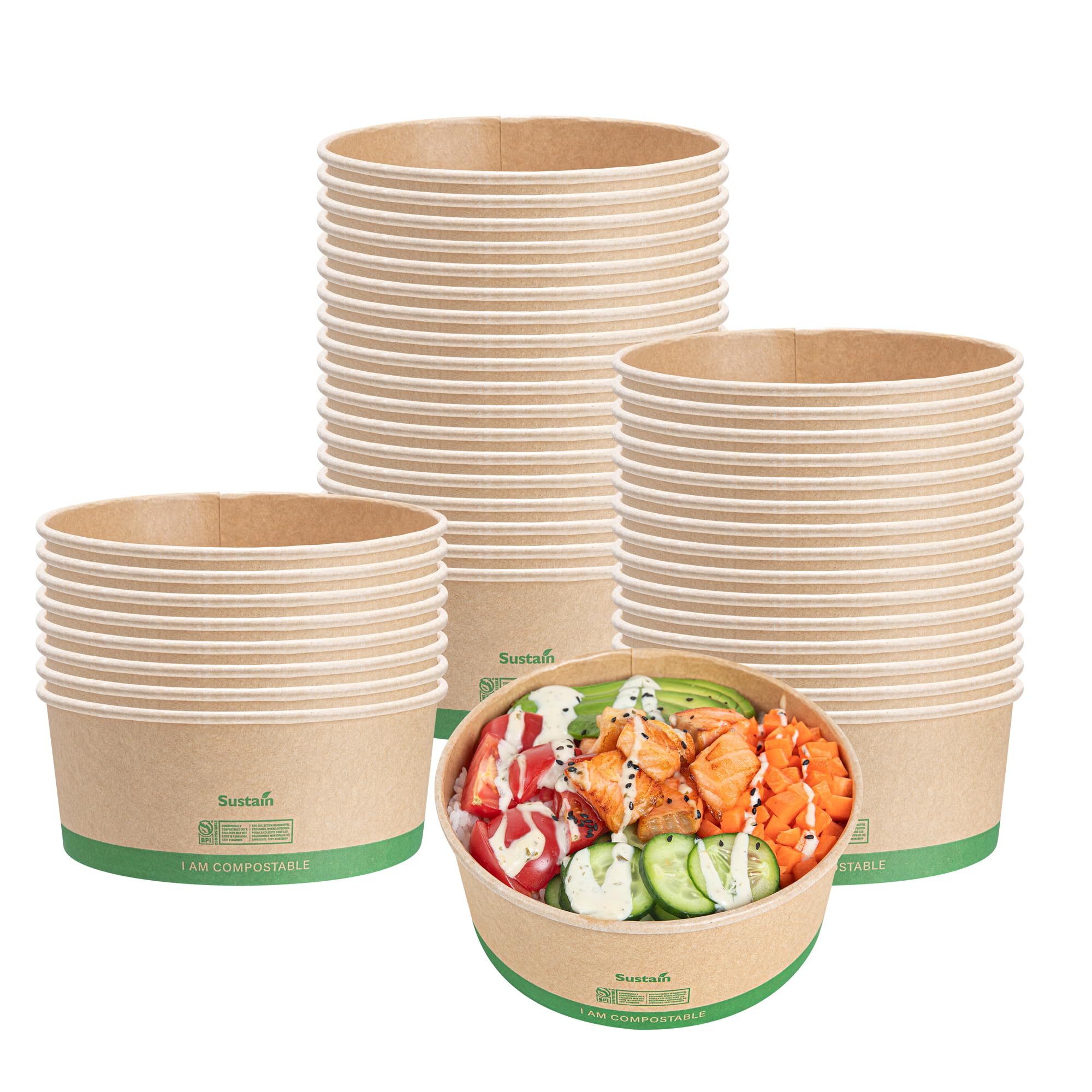 Restaurantware Compostable Paper Food Containers 200 Pack Of 37 oz BPI-Certified Round Kraft Salad Bowls Disposable Grease-Resistant Meal Prep Take Out Containers For Ice Creams, Soups, Snacks