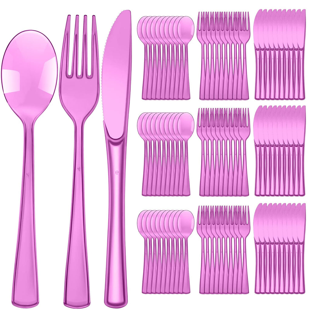 Minatee 150 Pieces Disposable Cutlery Set Plastic Silverware Heavy Duty Utensil Sets 50 Forks 50 Knives 50 Spoons for Home Office School Party Picnics Restaurant Outdoor Events(Purple)