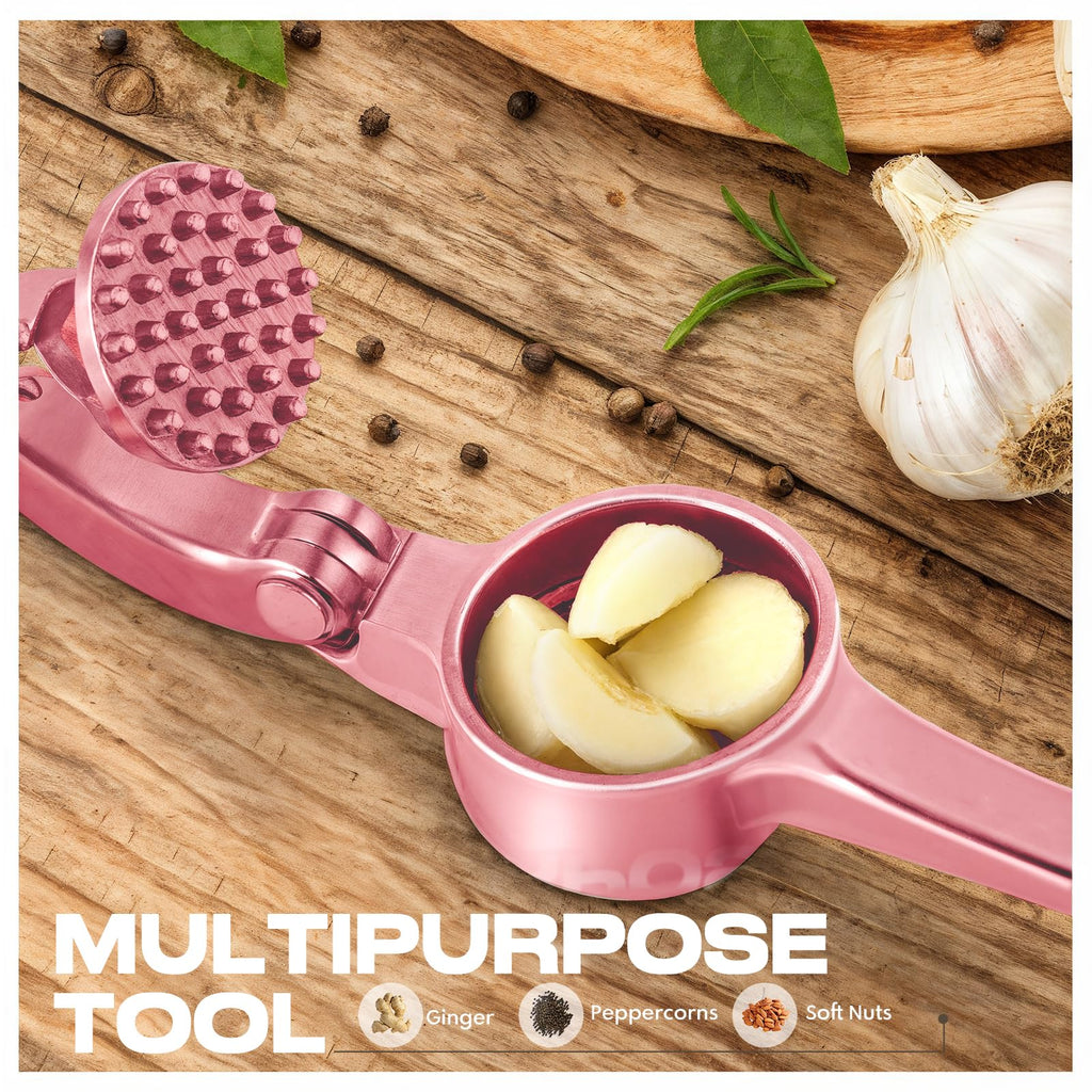 Kitchen Garlic Press, Rust Proof & Dishwasher Safe Garlic Mincer, Durable Garlic Crusher Set with Peeler＆Brush, Easy to Clean and Squeeze, Rose