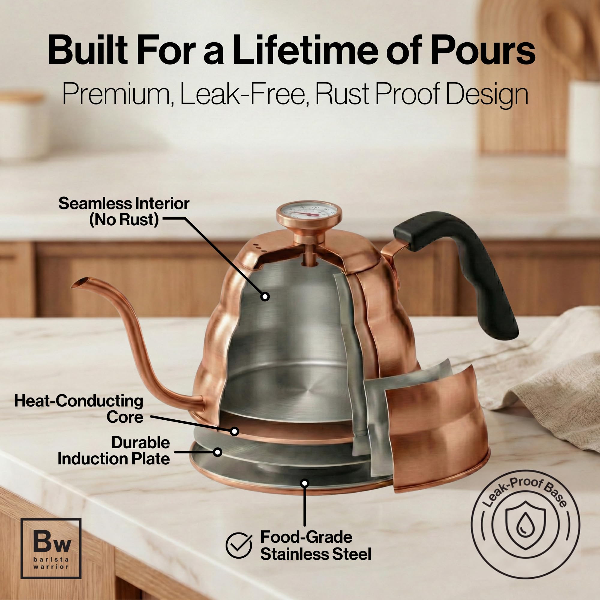 Barista Warrior Gooseneck Kettle with Built-In Thermometer for Pour Over Coffee & Tea - 1L Stainless Steel Kettle Stovetop Safe with Precision Spout - Copper Coated Stainless Steel
