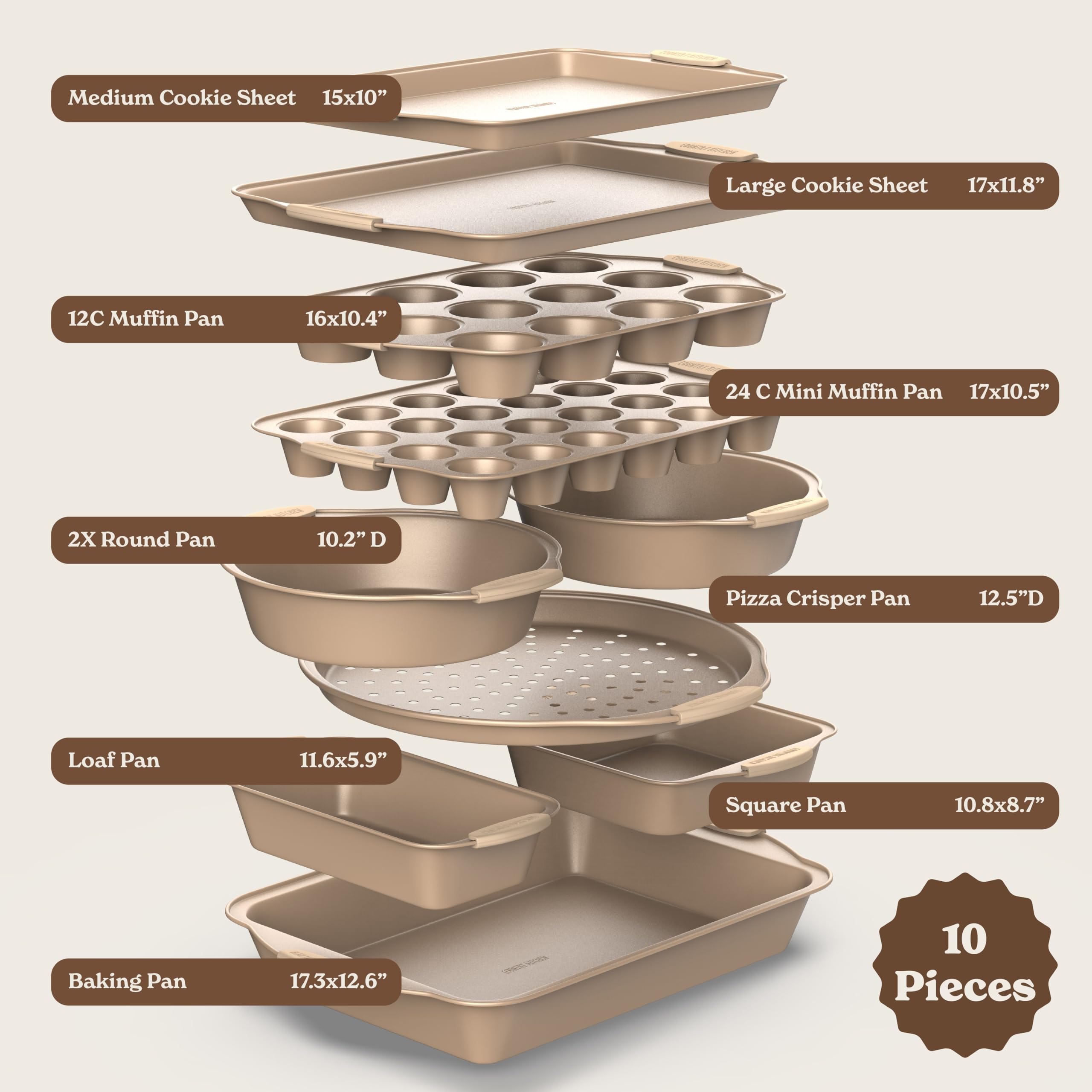 Country Kitchen Nonstick Stackable Bakeware Set - Heavy Duty, Durable, Easy Release Baking Set, Gold, 10 Pcs