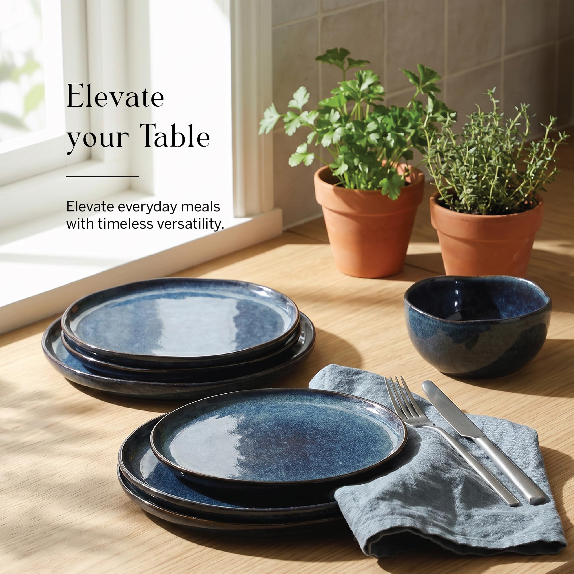 Stone Lain Mirella 24-Piece Stoneware Dinnerware Set, Service for 8 – Reactive Glaze, Deep Blue – Includes Dinner Plates, Salad Plates, and Bowls – Modern Organic Design