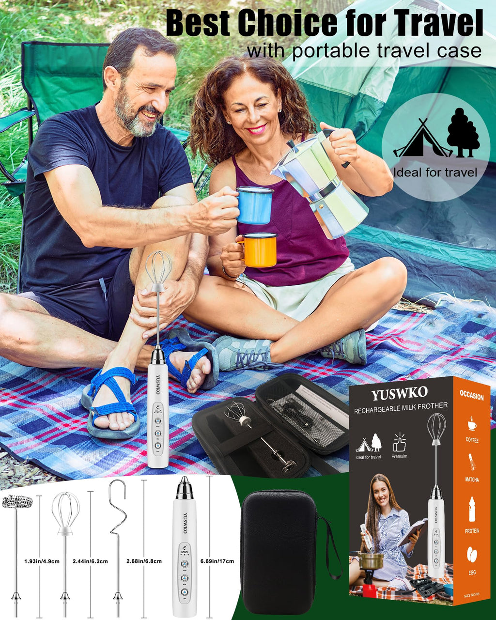 YUSWKO Handheld Milk Frother Wand for Coffee, Rechargeable Electric Whisk with 3 Heads 3 Speeds Drink Mixer Coffee Frother For Latte, Cappuccino, Hot Chocolate, Egg, White with Bag