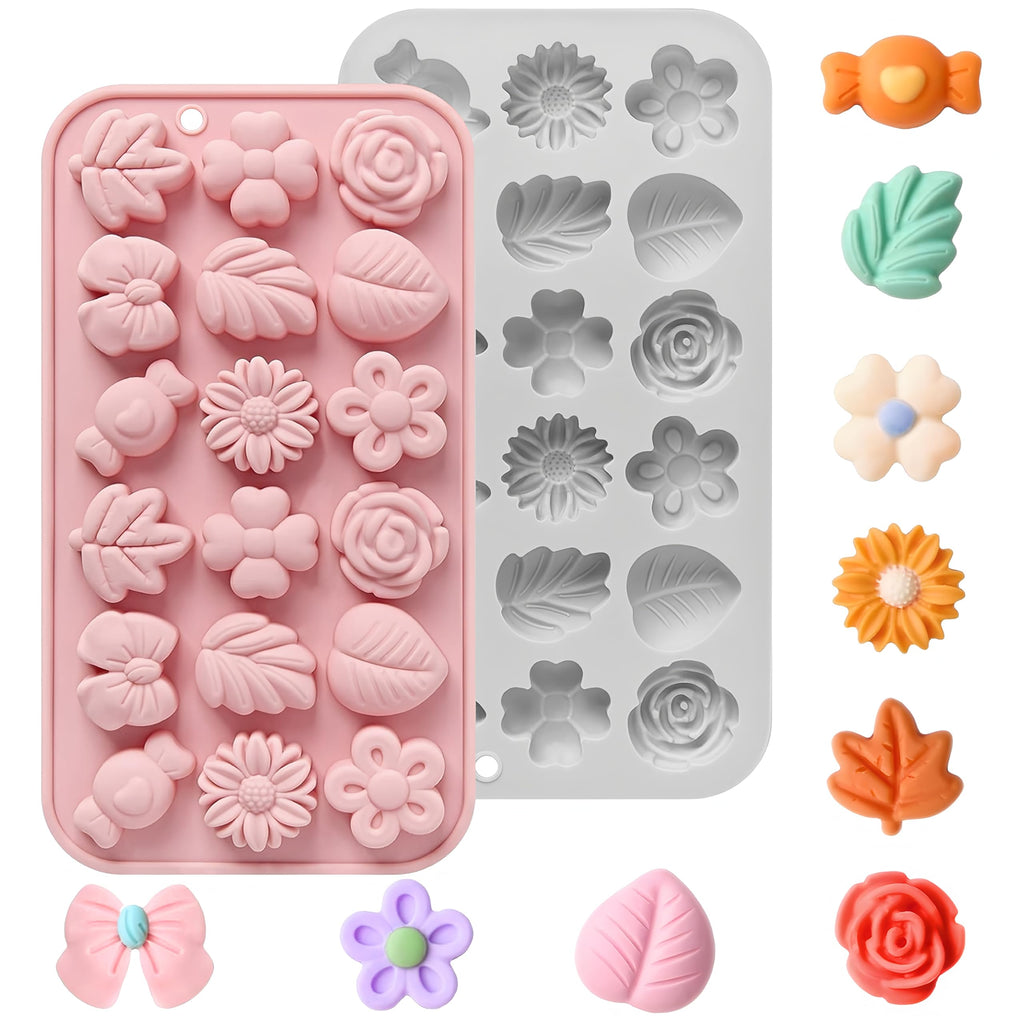 2PCS Silicone Flower Molds,Flower Chocolate Mold,Rose Leaf Tulip Daisy Bow Tie Candy Molds Silicone Gummy Jello Ice Cube Baking Soap Pudding Cookie Molds for Desserts Making,Cupcake Toppers,Cake Decor