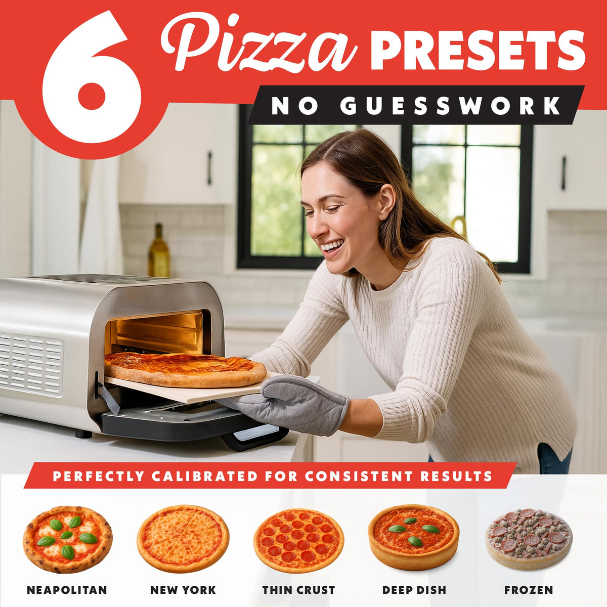 Gourmia Electric Indoor Pizza Oven – Countertop Air Fryer Toaster Oven Combo with 6 Pizza Presets, 7 Cooking Functions, Air Fry, Broil & Bake, Includes Cordierite Pizza Stone, Stainless Steel