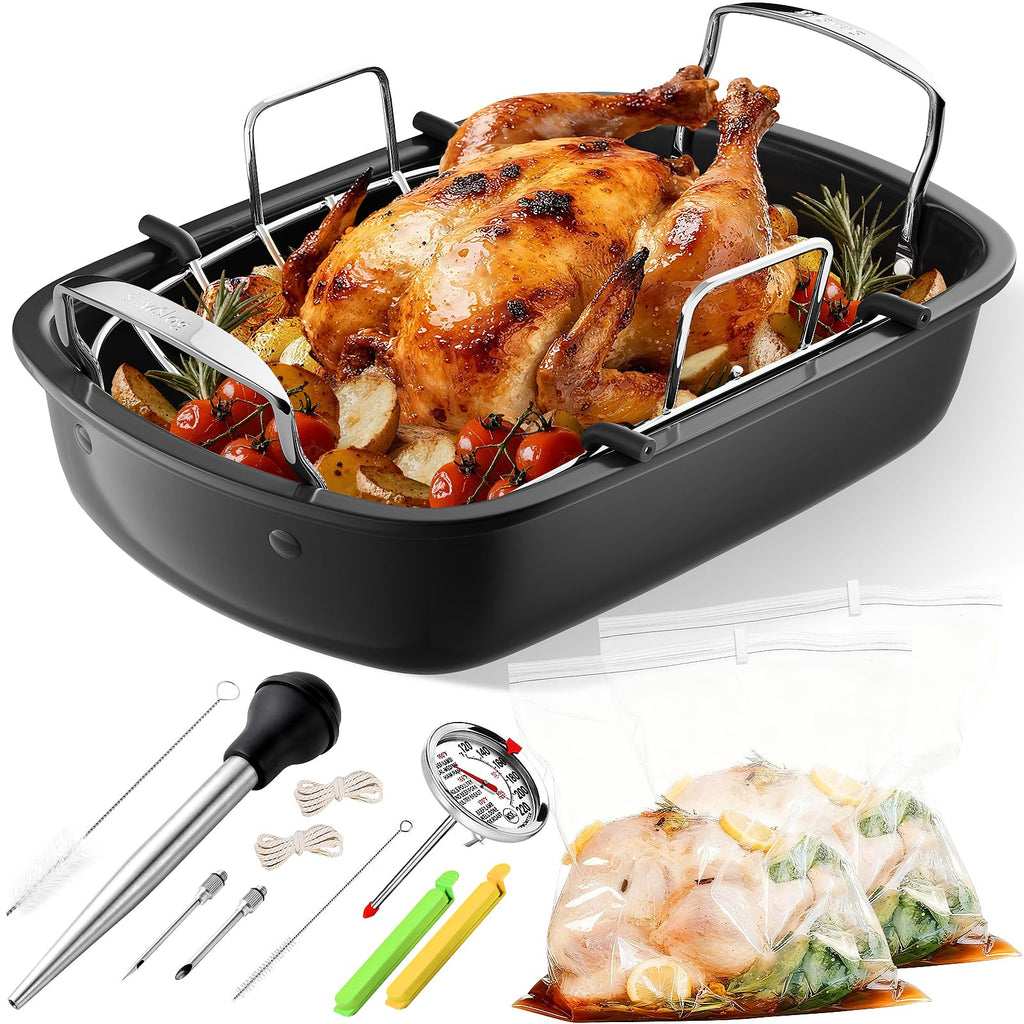 Turkey Roasting Pan, 17x13 Inch Roaster Pan for Turkey, Black&Silver