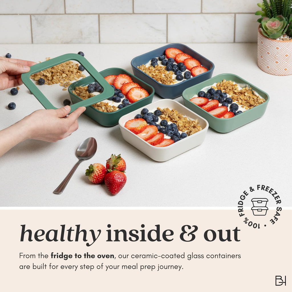 BRIVARA HOME 20-Piece Glass Food Storage Containers Set with Lids (10 Containers + 10 Lids) | Microwave-Safe Airtight Seal, Oven-Safe Ceramic-Coated Glass | Zero Plastic, No PFAS/PFOA/BPA [Pine]