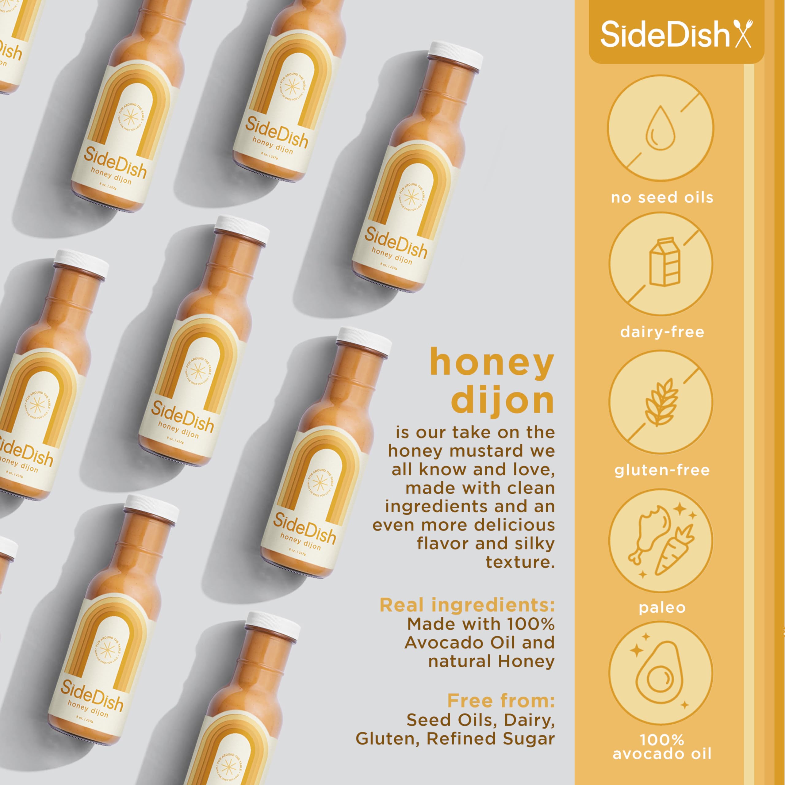 SideDish Honey Dijon Dressing (Pack of 3) – Seed Oil Free Made w/Avocado Oil – Refined Sugar Free, Dairy & Gluten Free Dip & Marinade – Paleo Honey Mustard Dressing for Dips, Sauces