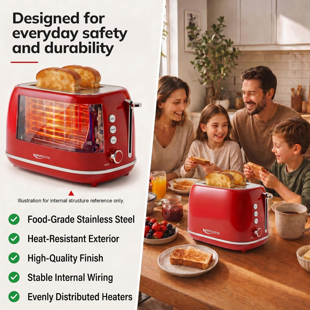 2 Slice Stainless Steel Toaster Retro with 6 Bread Shade Settings, Bagel, Cancel, Defrost Function, Extra Wide Slot, Removable Crumb Tray, Red
