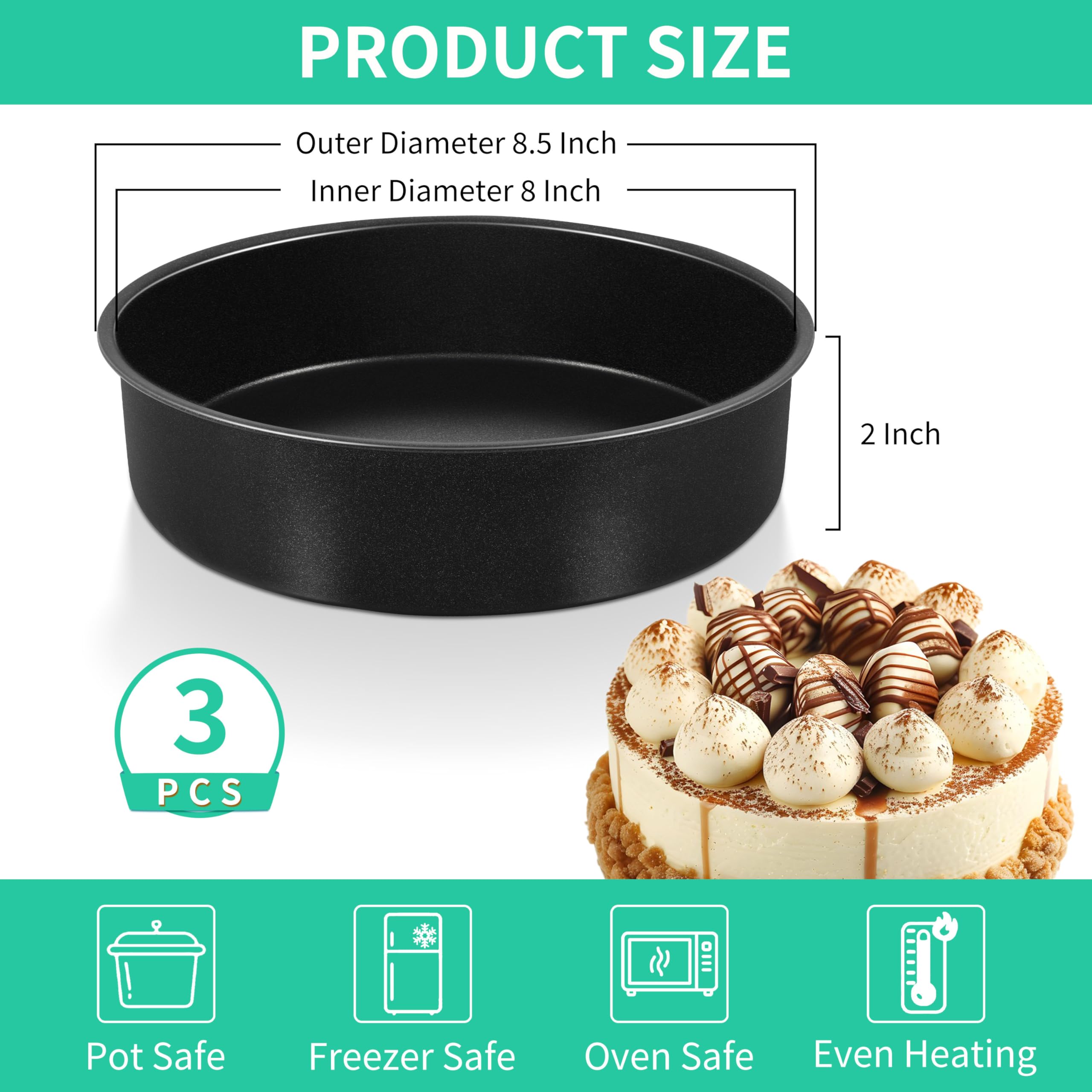 P&P CHEF 8 Inch Cake Pan Set of 3, Non-Stick Round Cake Pans