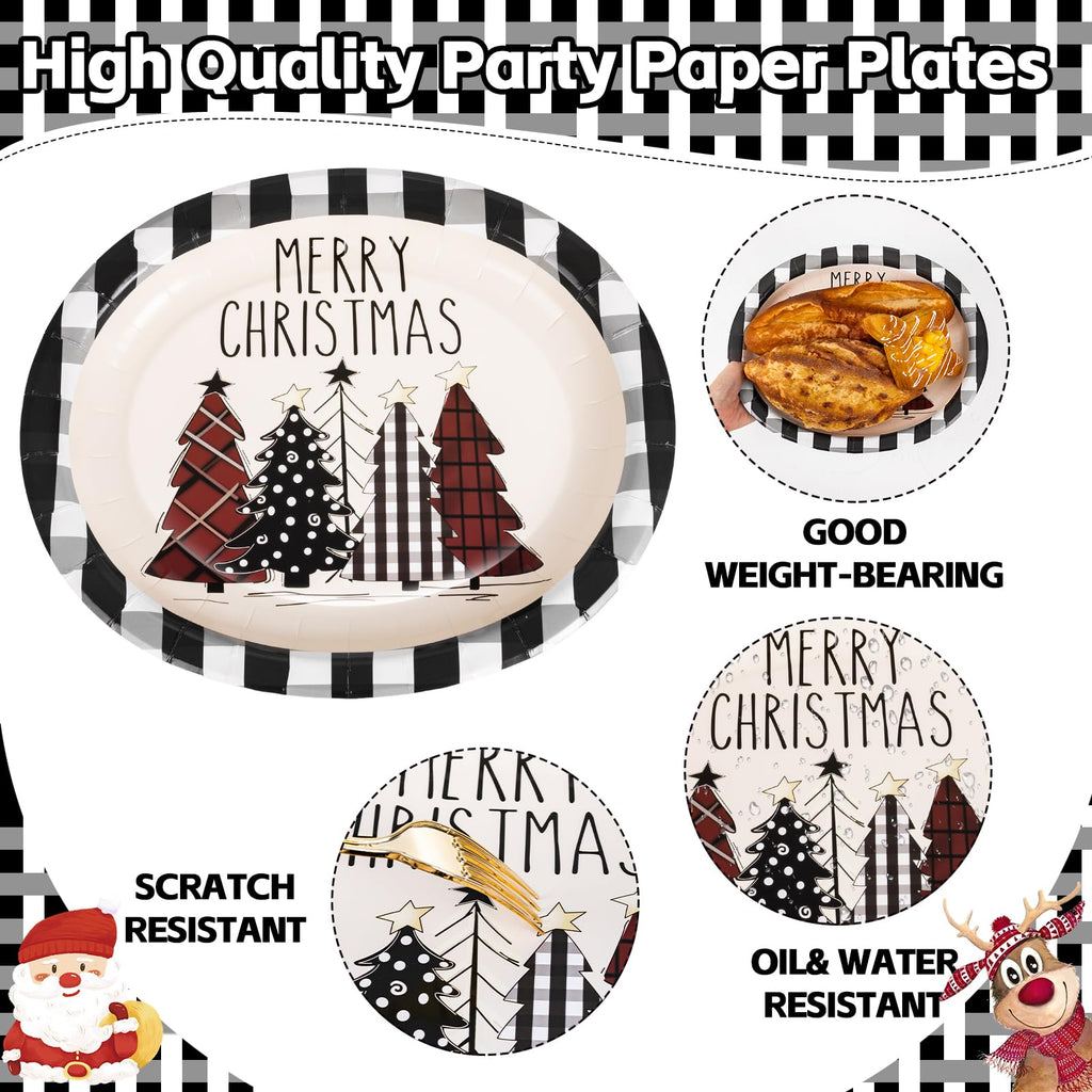 WDF 50Pack Christmas Paper Plates - 10"x12" Christmas Tree Plates Christmas Oval Paper Checkered Plates - Dinner Size Large Disposable Platter Heavy Duty for Happy Christmas Serving